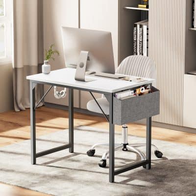 Modern workspace with white desk, ergonomic chair, and computer set up, ideal for optometry or medical professionals, featuring organized storage and stylish interior design.