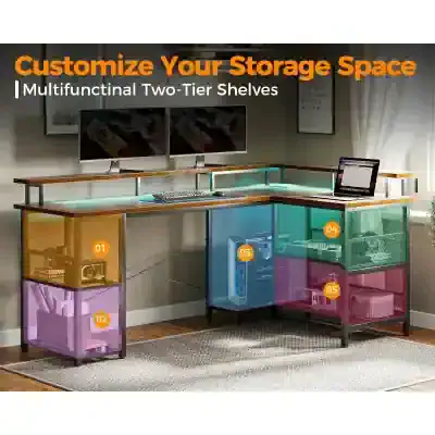 Multifunctional two-tier storage shelves for customizable office organization and efficient space utilization.