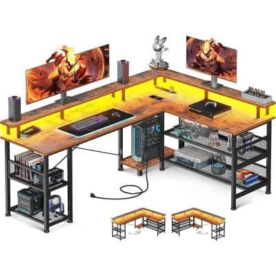 High-tech gaming and streaming desk with dual monitors, RGB lighting, gaming accessories, and storage shelves, ideal for a professional or enthusiast gaming and work setup.