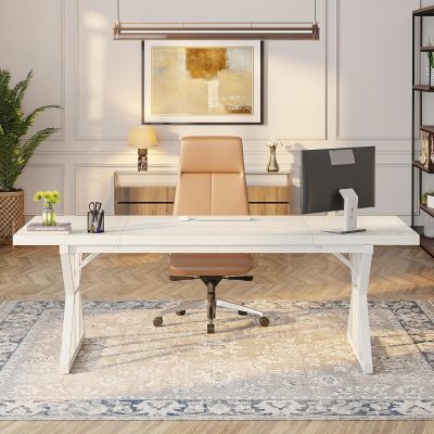 Modern office desk setup with a computer, beige leather chair, and elegant decor, perfect for professional workspace, corporate office, or home office environments.
