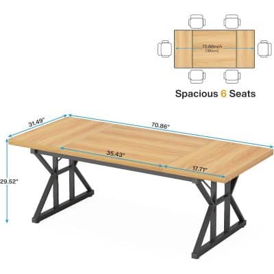 High-quality wooden office desk with metal legs, 70.86 inches long and 35.43 inches wide, perfect for collaborative workspaces and conference rooms, spacious for six seats.
