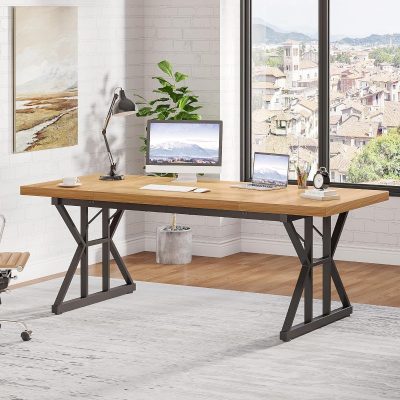 Contemporary office workspace with wooden desk, computer monitor, laptop, desk lamp, and large window overlooking a cityscape, ideal for modern home or corporate office setups.