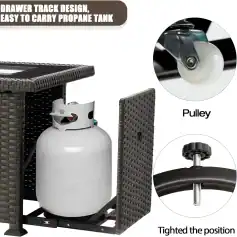 Gas tank storage cart with sturdy rattan design, designed for easy transport of propane tanks, featuring a pulley system and adjustable tightening mechanism for secure placement.