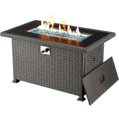 Outdoor wicker patio fire pit table with glass beads and flame effect, perfect for outdoor lounge and entertainment spaces. Durable, stylish, and ideal for enhancing outdoor ambiance.
