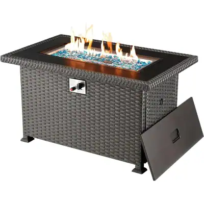 Outdoor wicker patio fire pit table with glass beads and flame effect, perfect for outdoor lounge and entertainment spaces. Durable, stylish, and ideal for enhancing outdoor ambiance.