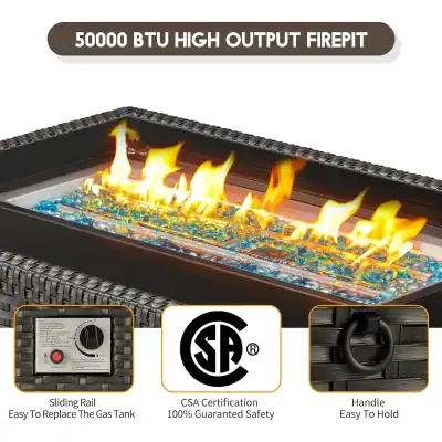 Burner with high output firepit featuring colorful glass stones, CSA certification, and easy-to-replace gas tank sliding rail at Monalisa Medical Store.