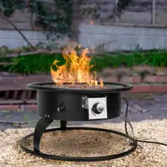 Fire pit with flames, outdoor portable fire bowl for camping and backyard, black metal design, adjustable temperature control, ideal for outdoor heating, cooking, and ambiance, Monalisa Medical store.