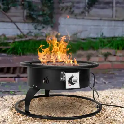 Fire pit table for outdoor patio, portable black fire bowl with adjustable temperature control, perfect for backyard gatherings and outdoor heating, stylish and safe fire pit design.