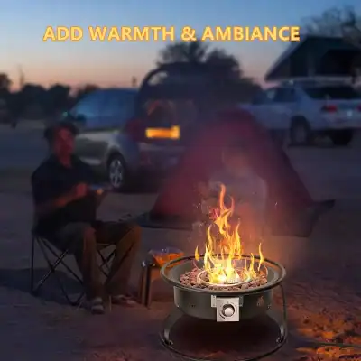 Enjoy a cozy outdoor camping scene with a portable fire pit, warm glow, and comfortable seating, perfect for relaxing evenings and creating a welcoming ambiance.