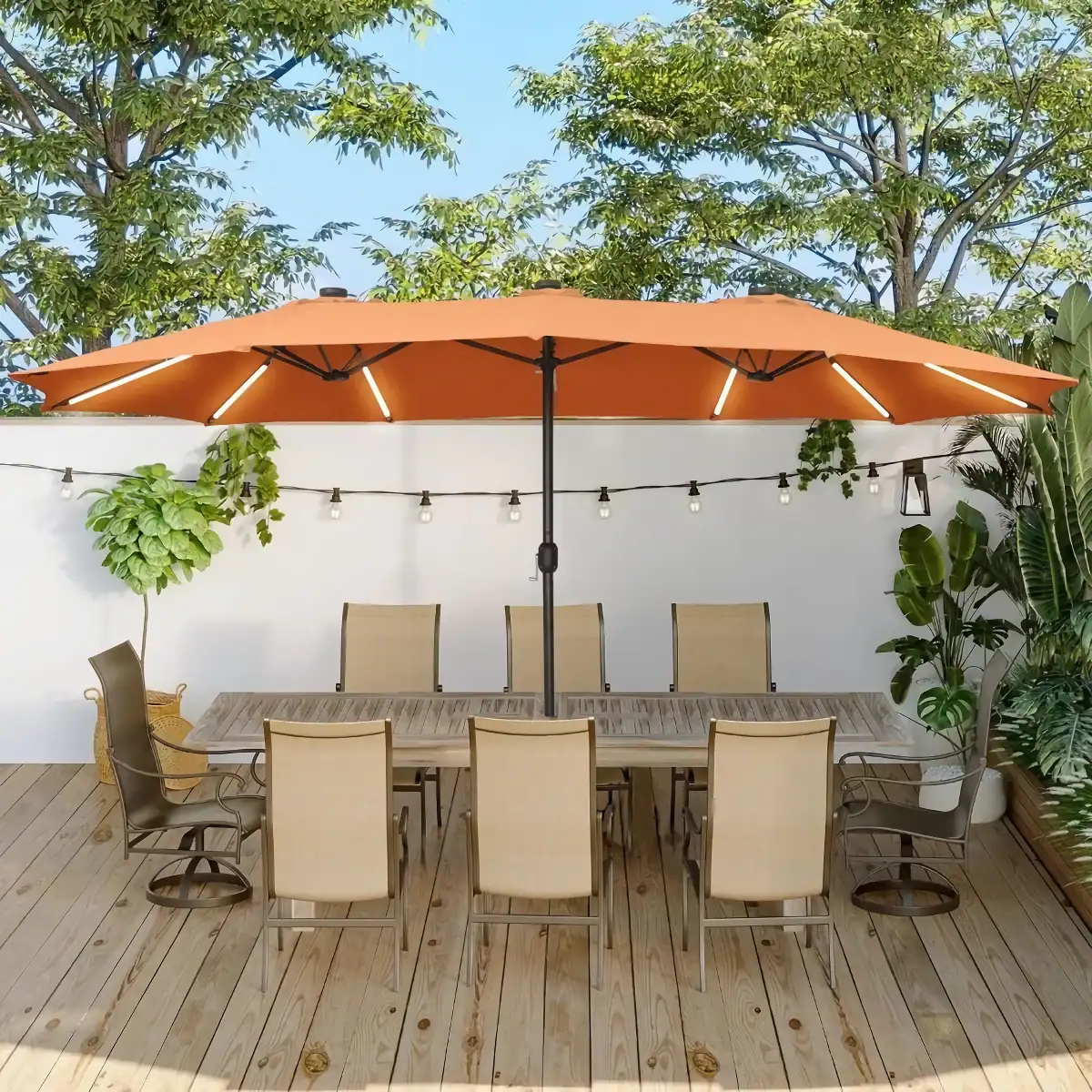 Sunshade patio umbrella with outdoor dining table and chairs, featuring string lights and lush greenery, ideal for outdoor entertaining and relaxation.