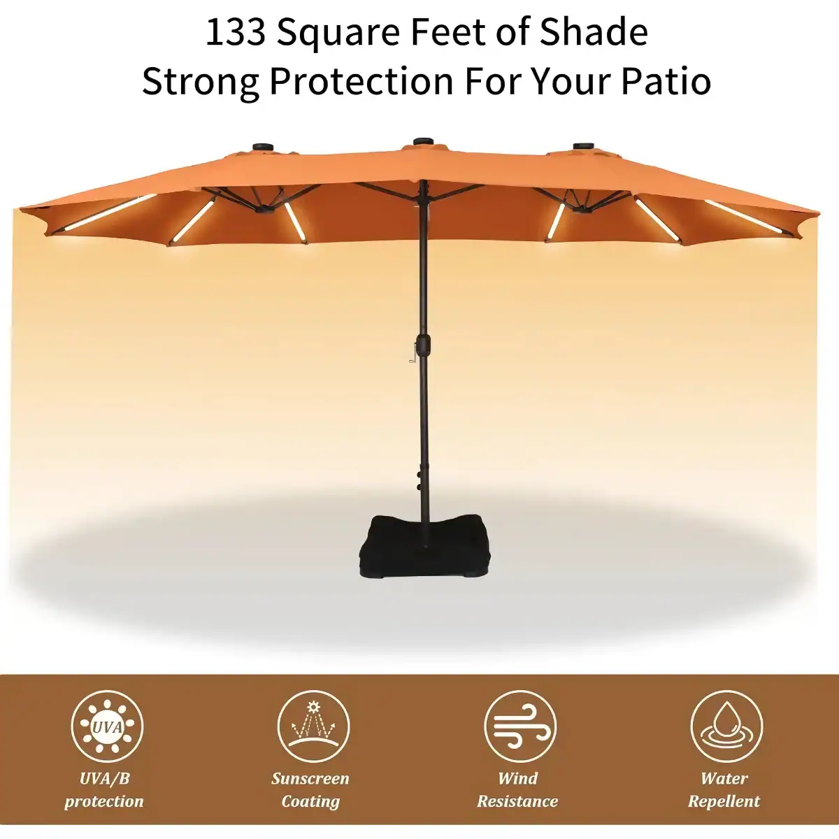 UVA/UVB protection outdoor patio umbrella with 133 square feet of shade, wind-resistant and water-repellent, ideal for sun protection and outdoor leisure spaces.