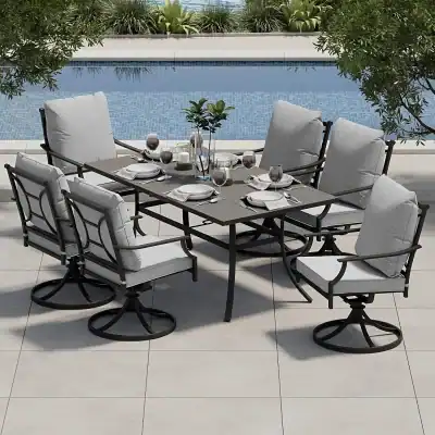 Elegant outdoor dining set with cushioned chairs around a stylish table, perfect for poolside gatherings, featuring white and black accents for a luxurious and comfortable experience.