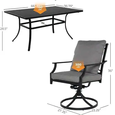 Black metal outdoor dining table and swivel lounge chair with cushion, stylish patio furniture set for Monalisa Store.