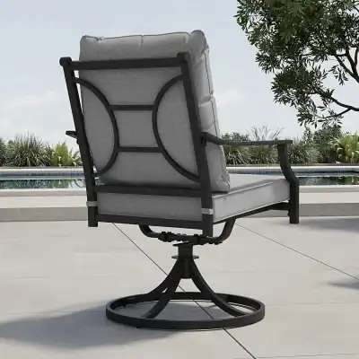 Modern outdoor patio chair with cushioned seat and decorative backrest, perfect for poolside or garden relaxation. Suitable for outdoor dining and lounging areas.