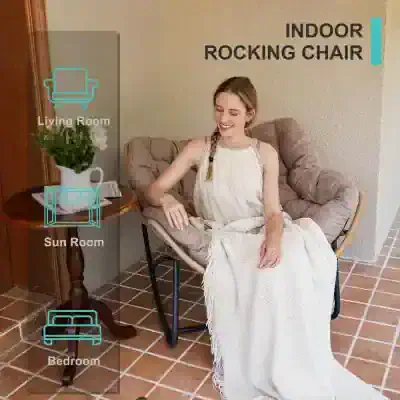 Relaxing woman sitting on indoor rocking chair, comfortable furniture for home decor, stylish living room seating, Monalisa store premium indoor rocking chair.