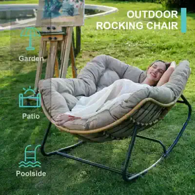 Outdoor rocking chair in a garden setting, perfect for relaxation and leisure. Crafted for outdoor use, provides comfortable seating for enjoying the garden, patio, or poolside areas.