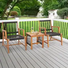 Elegant outdoor patio furniture set with wooden chairs and a matching side table, perfect for garden relaxation and outdoor dining, all on a spacious wooden deck with lush greenery in the background.