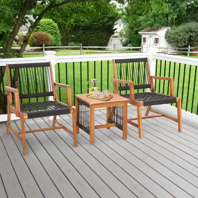 Elegant wooden outdoor patio furniture with black woven accents, perfect for relaxing and enjoying gardening or nature in your backyard or garden setting.