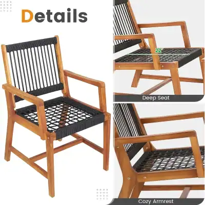 Premium wooden outdoor chair with black woven rattan seat and armrest, ideal for patio or garden relaxation.