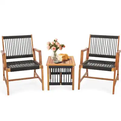 Elegant outdoor patio furniture set with two wooden chairs and a matching side table, featuring black woven straps and a cozy floral centerpiece for relaxing garden or porch spaces.