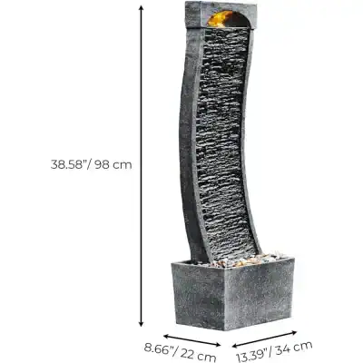 Elegant outdoor water fountain made of natural stone, 39 inches tall, perfect for garden and patio decor, featuring a sleek curved design with a water feature and stones at the base.