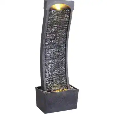 Elegant outdoor water fountain with cascading waterfall feature, sleek black stone design, ambient LED lighting, perfect for garden or patio decor, enhancing outdoor relaxation and aesthetic appeal.