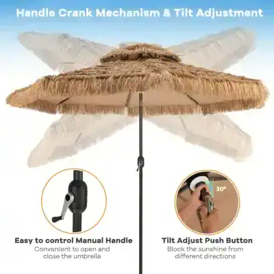 Handle Crank Mechanism and Tilt Adjustment for Beach Umbrellas.