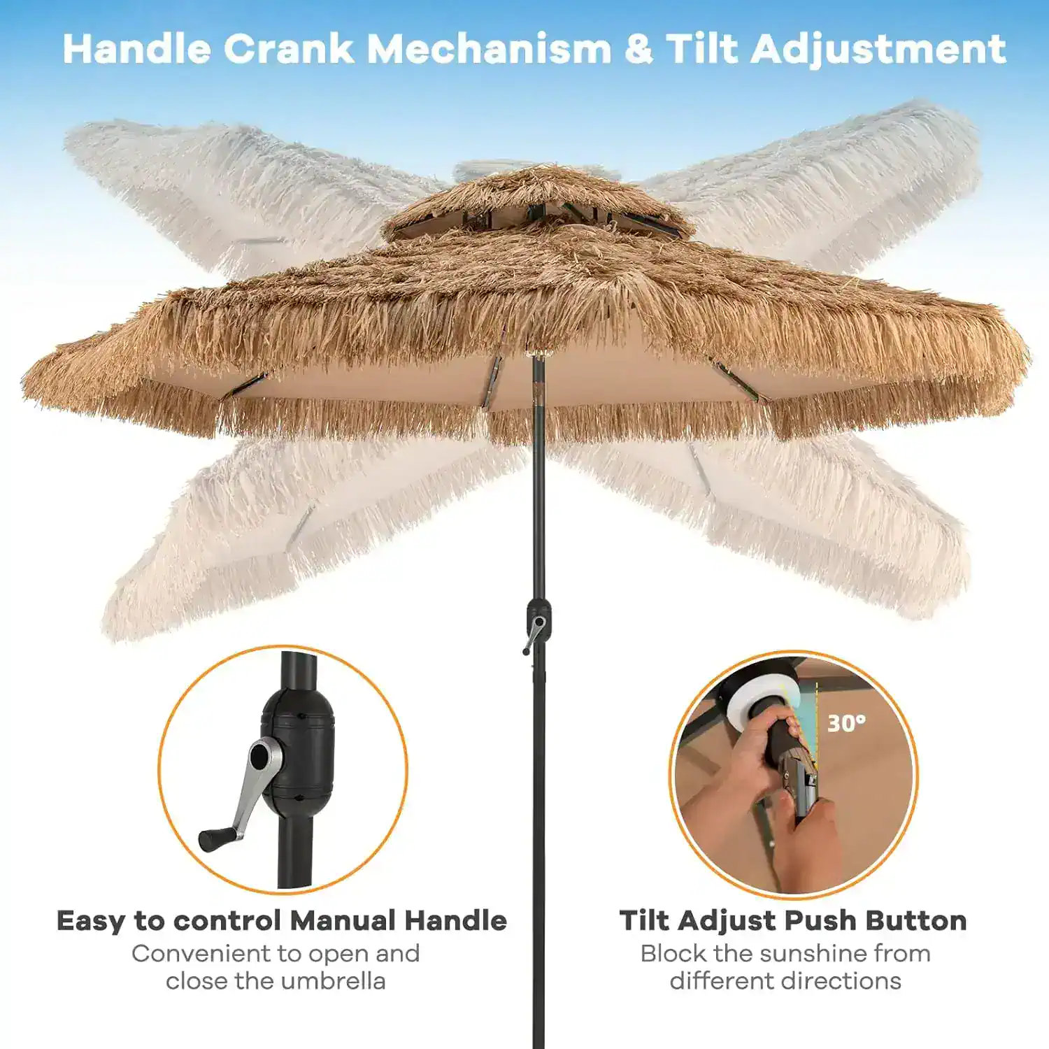 Handle Crank Mechanism and Tilt Adjustment for Beach Umbrellas.