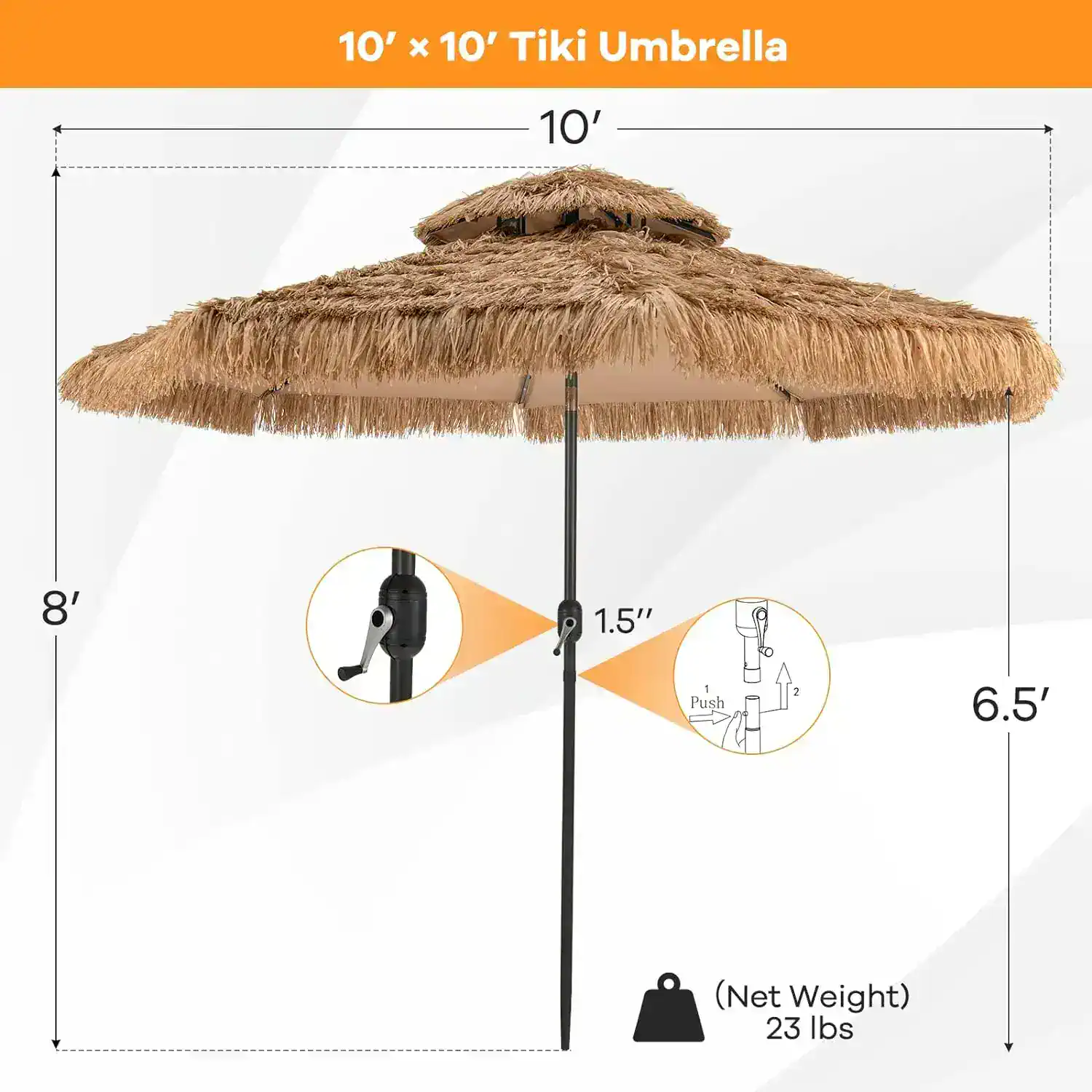 Vast straw tiki umbrella, 10x10 feet, ideal for outdoor sun protection and beach shading, featuring a durable pole with easy tilt mechanism and lightweight design for easy setup and stability.