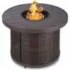 Fire pit table with wicker base and round metal top for outdoor patio decoration.