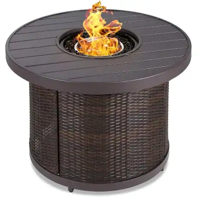 Fire pit table with wicker base and round metal top for outdoor patio decoration.