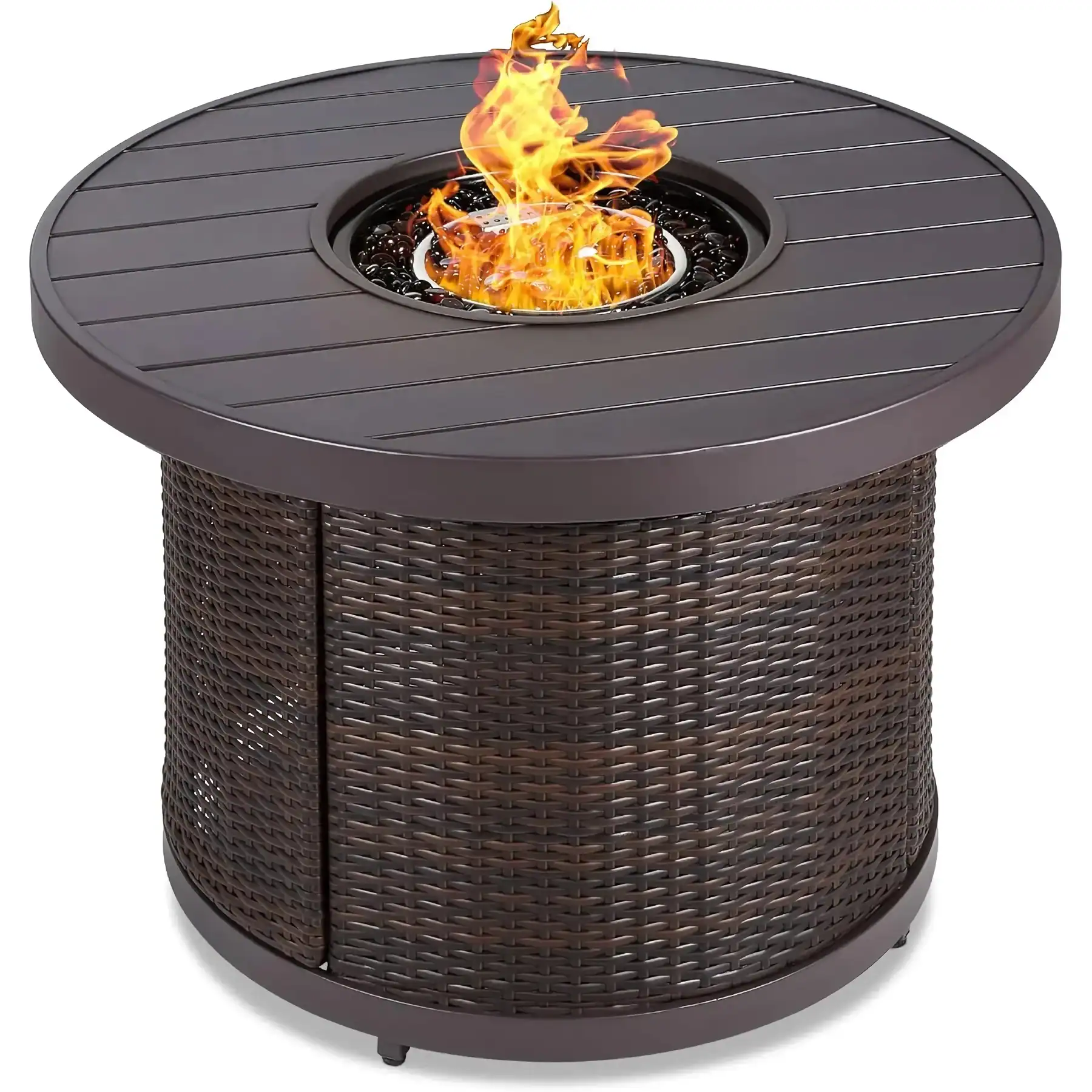 Fire pit table with wicker base and round metal top for outdoor patio decoration.