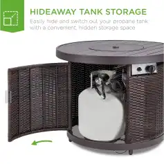 Propane tank hidden storage cabinet, outdoor wicker storage box, weatherproof furniture for propane tanks, Monalisa medical outdoor storage solution, discreet propane tank storage for patios.