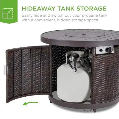 Propane tank hidden storage cabinet, outdoor wicker storage box, weatherproof furniture for propane tanks, Monalisa medical outdoor storage solution, discreet propane tank storage for patios.
