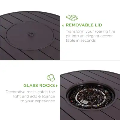 Removable lid for fire pit table with glass rocks, modern design, perfect for outdoor entertainment and stylish ambiance.