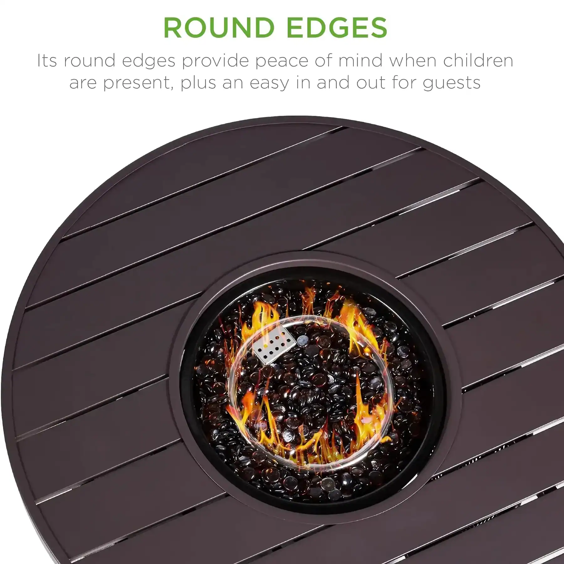Sleek round edges table with a central fire feature, ideal for modern interior decor. Perfect for enhancing aesthetics and creating a warm ambiance in living spaces or lounges.
