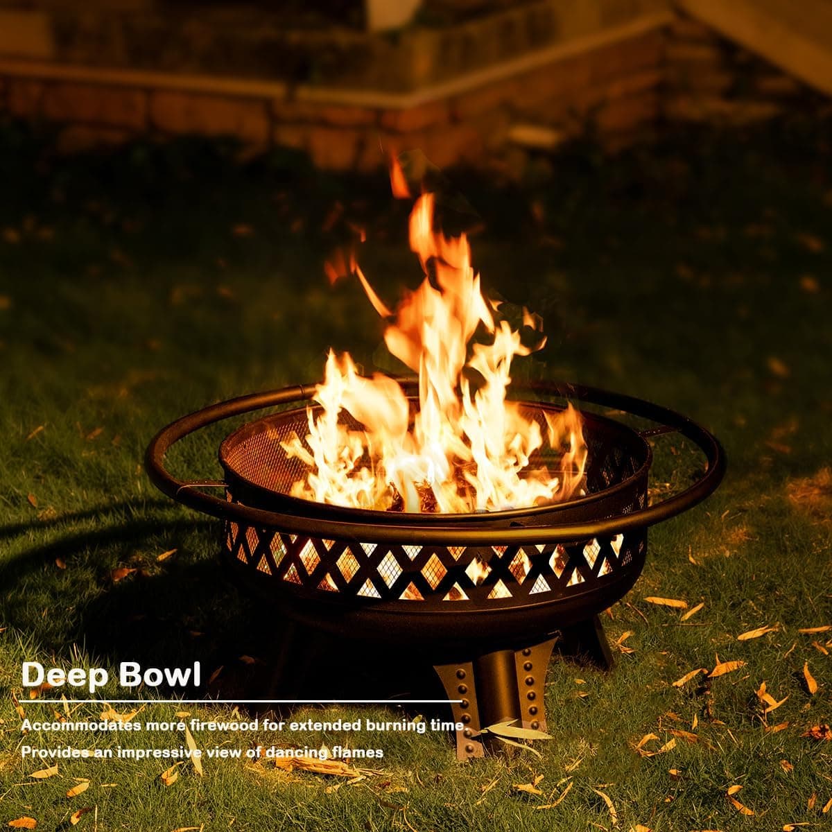 Fire pit with dancing flames at night, enhancing outdoor ambiance, perfect for social gatherings and relaxing evenings, durable deep bowl design for extended firewood burning, stylish and functional backyard heater.