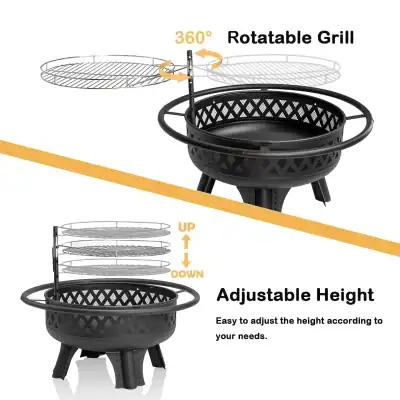 Rotatable grill for easy outdoor cooking, adjustable height for convenience, durable black metal material, perfect for backyard barbecues and parties at Monalisa Medical Store.