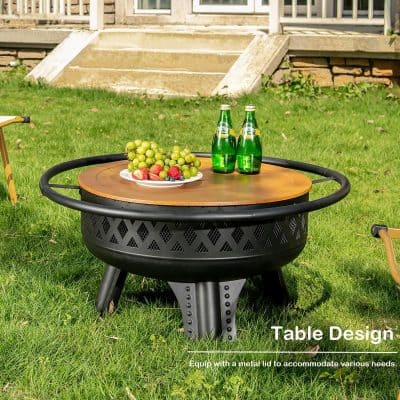 Durable outdoor round table with wooden surface and metal frame, ideal for garden or patio use, suitable for outdoor dining, entertaining, or relaxing in the backyard.