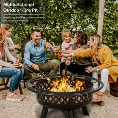 Relaxing outdoor fire pit gathering with friends and family, enjoying drinks and roasting marshmallows in a cozy backyard setting. Perfect for socializing, warmth, and outdoor entertainment.