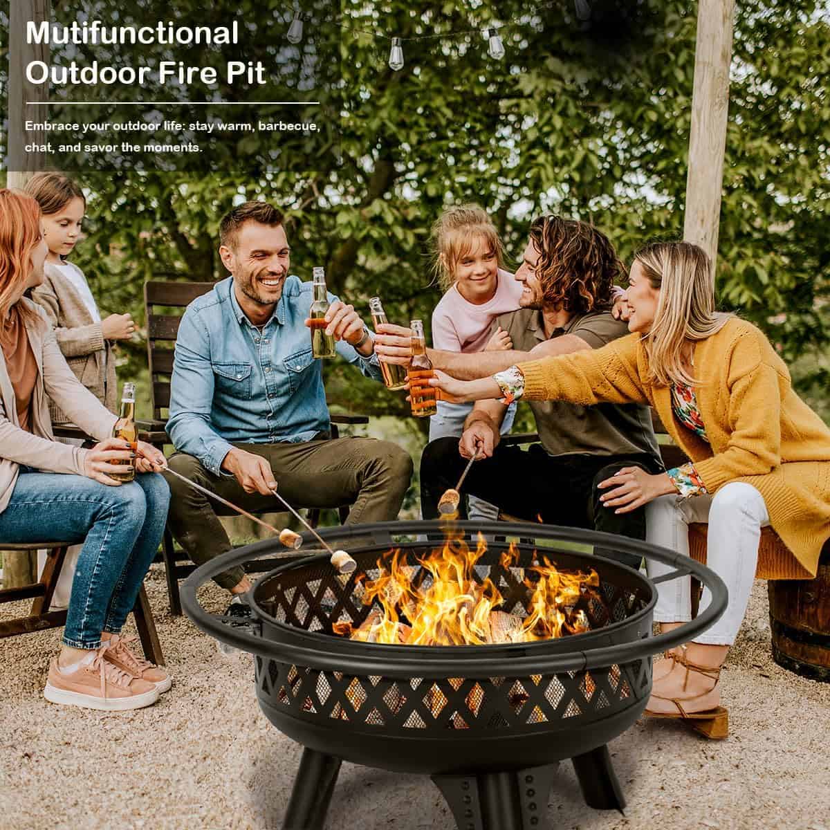 Relaxing outdoor fire pit gathering with friends and family, enjoying drinks and roasting marshmallows in a cozy backyard setting. Perfect for socializing, warmth, and outdoor entertainment.
