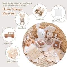 Bunny Mileage Piece Set baby nursery decor with plush bunny, wooden cart, baby milestone plaques, and cozy accessories for newborns.