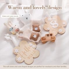 Soft plush baby toys and decorative wooden signs for nursery decor, perfect for newborns; designed with warm, adorable shapes and gentle tones.