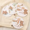Bear themed baby milestone cards with adorable illustrations for celebrating baby's growth stages, including "Hello World" and "9 months" in soft pastel colors, perfect for baby photographs and nursery decorations.