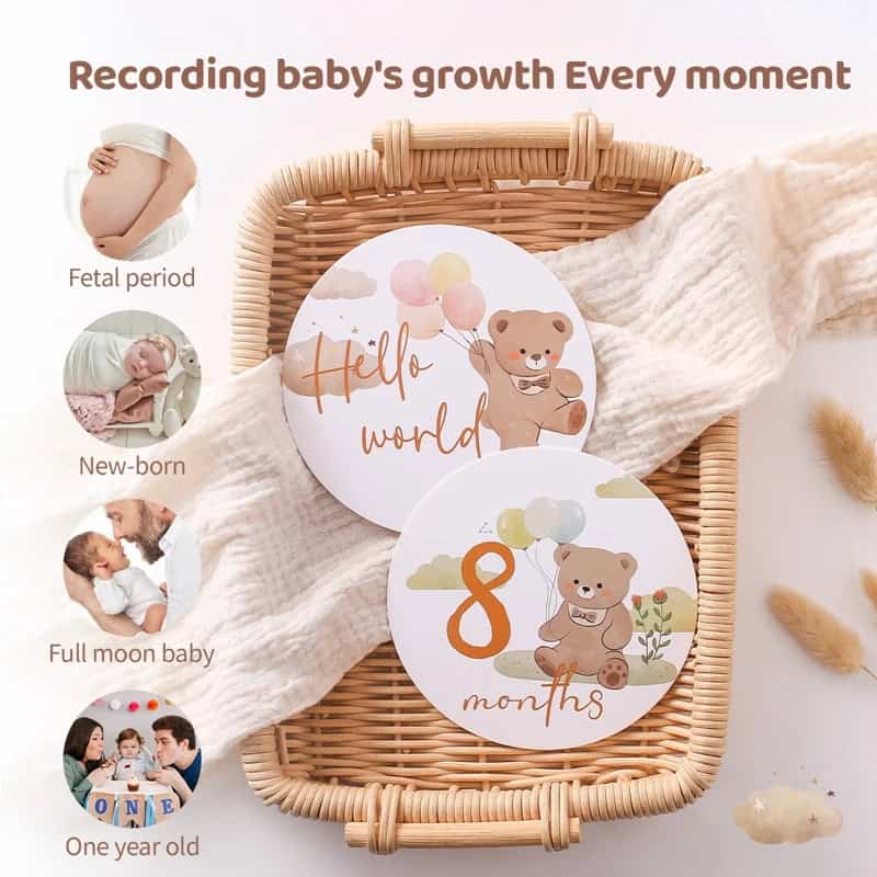 Cute baby milestone cards with bear illustrations for documenting baby's growth and special moments. Perfect for baby showers and nursery decor. Features milestones like "Hello world," "8 months," and more.