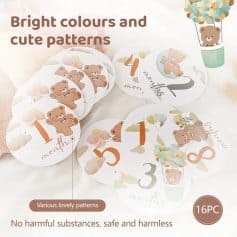 Colorful bear-themed baby milestone stickers for infants to track growth, featuring cute patterns, vibrant colors, and safe, non-toxic materials for 1 to 12 months.