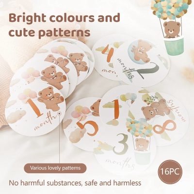 Colorful bear-themed baby milestone stickers for infants to track growth, featuring cute patterns, vibrant colors, and safe, non-toxic materials for 1 to 12 months.