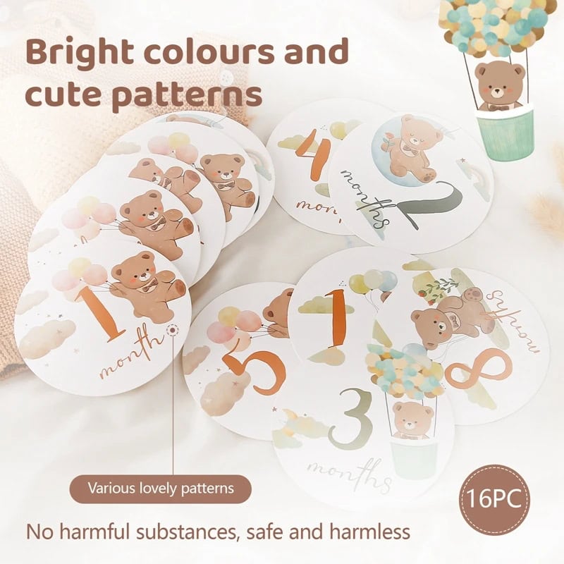 Colorful bear-themed baby milestone stickers for infants to track growth, featuring cute patterns, vibrant colors, and safe, non-toxic materials for 1 to 12 months.