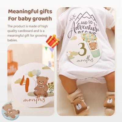 Soft plush teddy bear baby milestone card for 4 months, cute and colorful to celebrate baby's growth at Mona Lisa Store.