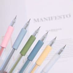 Colorful gel pens with pastel-colored grips on a white background, suitable for office and school supplies.